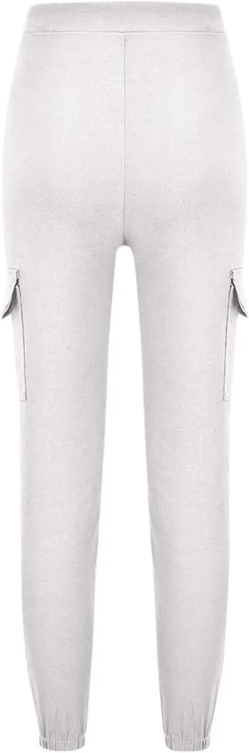 Petite Cargo Pants for Women Drawstring Elastic High Waist Lounge Cropped Pants Solid Color Baggy Comfy Trousers with Pocket