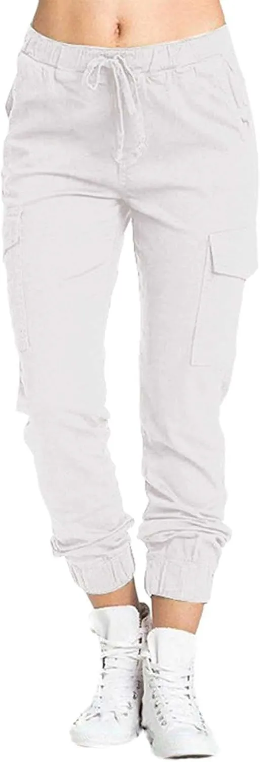 Petite Cargo Pants for Women Drawstring Elastic High Waist Lounge Cropped Pants Solid Color Baggy Comfy Trousers with Pocket