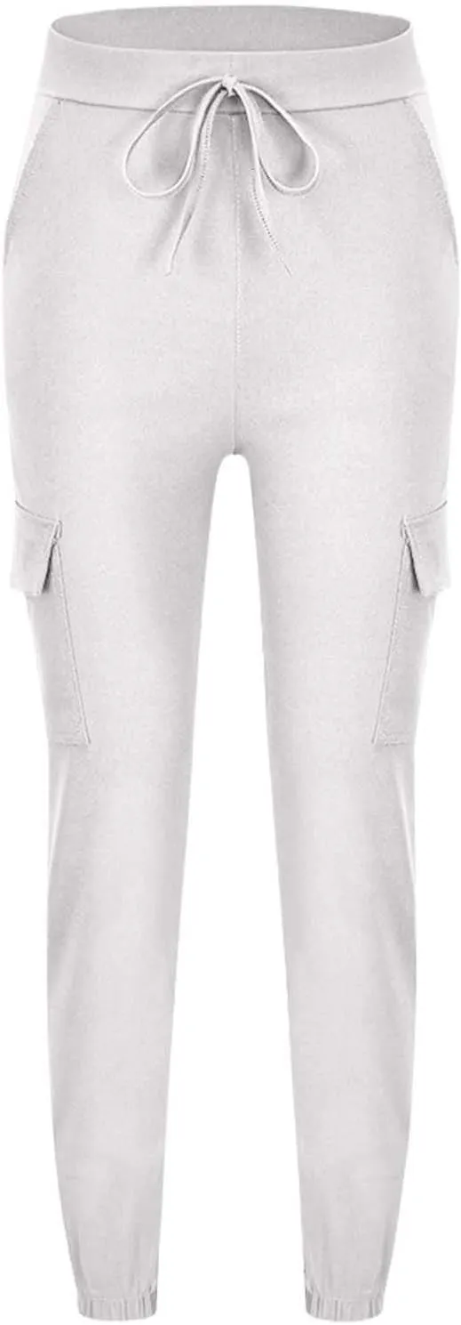 Petite Cargo Pants for Women Drawstring Elastic High Waist Lounge Cropped Pants Solid Color Baggy Comfy Trousers with Pocket