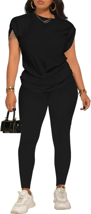 PINSV Women 2 Piece Outfits Summer Sweatsuits Track Suits Short Tops Long Pant Sweat Suit Legging Jogger Sets