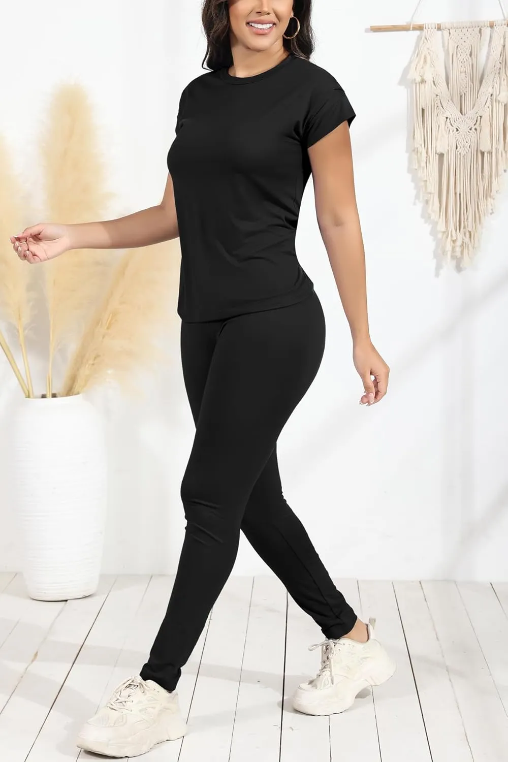 PINSV Women 2 Piece Outfits Summer Sweatsuits Track Suits Short Tops Long Pant Sweat Suit Legging Jogger Sets