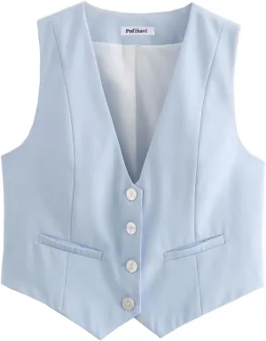 Pofihavi Cropped Suit Vest for Women 2024 Button Up Business Casual Dressy Waistcoat Vest Tops