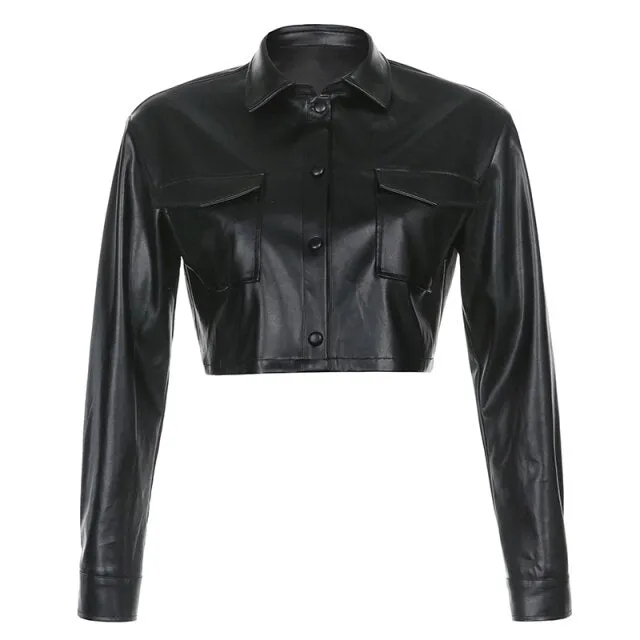 PU Leather Jackets Women Autumn Winter Windbreaker Costs Basic Cropped Coat Outwear Buttons Pockets Moto Biker Punk Top