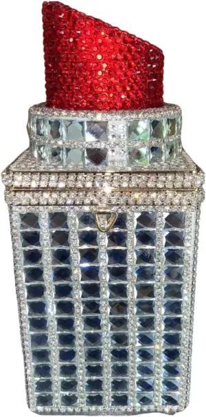 Red Tops Clear Crystal Lipstick Shape Evening Bags,Celebrity Glitter Luxury Party Handbag,Sparkle Rhinestone Women Purse Bag