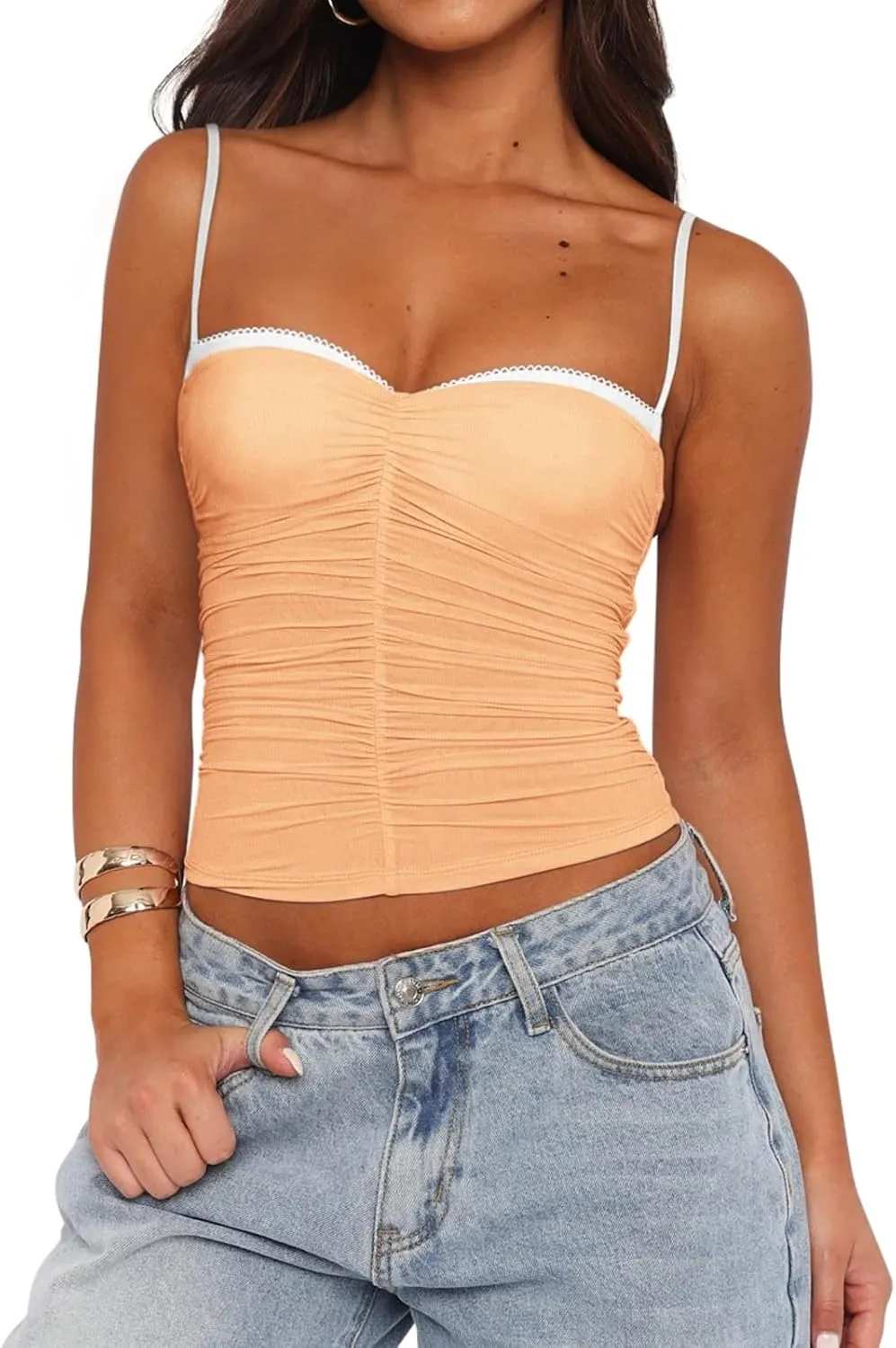 REORIA Women's Sexy Sweetheart Neck Going Out Tank Top Adjustable Spaghetti Straps Mesh Ruched Cami Tank Y2k Summer Outfits