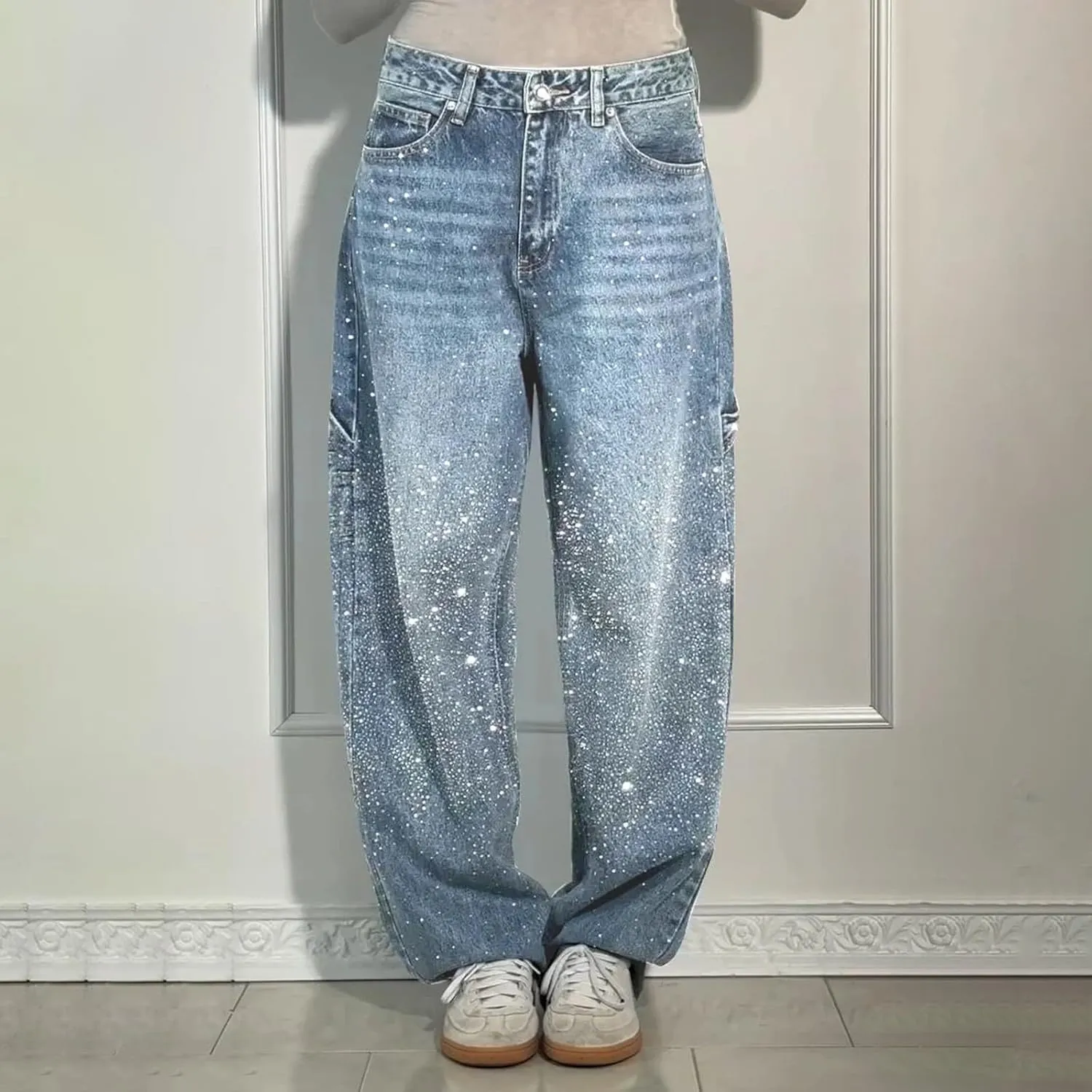 Rhinestone Jeans for Women Loose Harem Jeans Womens High Waisted Rhinestone Pants Straight Wide Leg Sparkly Denim Pants