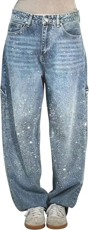 Rhinestone Jeans for Women Loose Harem Jeans Womens High Waisted Rhinestone Pants Straight Wide Leg Sparkly Denim Pants