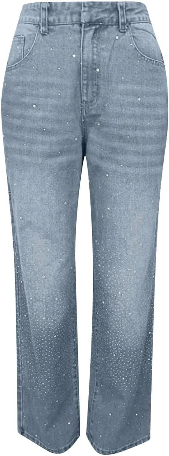 Rhinestone Jeans for Women Loose Harem Jeans Womens High Waisted Rhinestone Pants Straight Wide Leg Sparkly Denim Pants