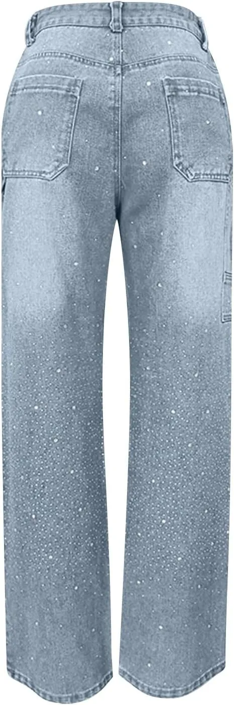 Rhinestone Jeans for Women Loose Harem Jeans Womens High Waisted Rhinestone Pants Straight Wide Leg Sparkly Denim Pants