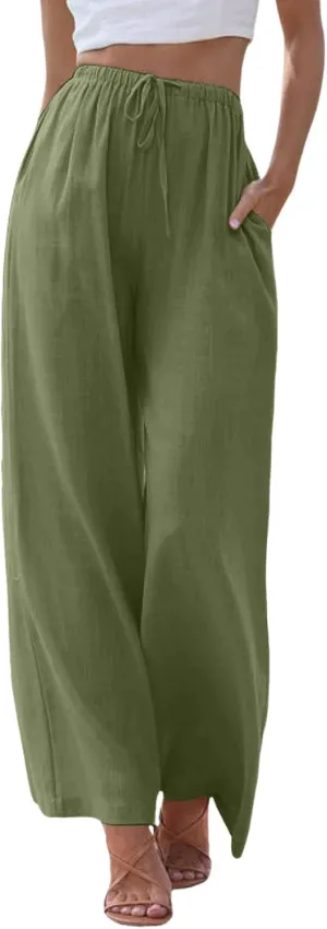 sdbrld Pantalones De Lino De Las Mujeres Linen Wide Leg Pants for Women Shorts Linen Pants Women Summer,Womens Linen Pants with Pockets High Waist Adjustable Knot Casual Trousers Business (Z41-AG, M)