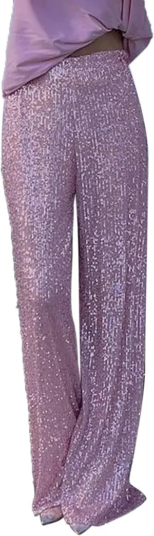 Sequin Pants for Women High Waisted Fashion Glitter Flare Bell Bottom Stretchy Casual Loose Night Party Wide Leg Trousers