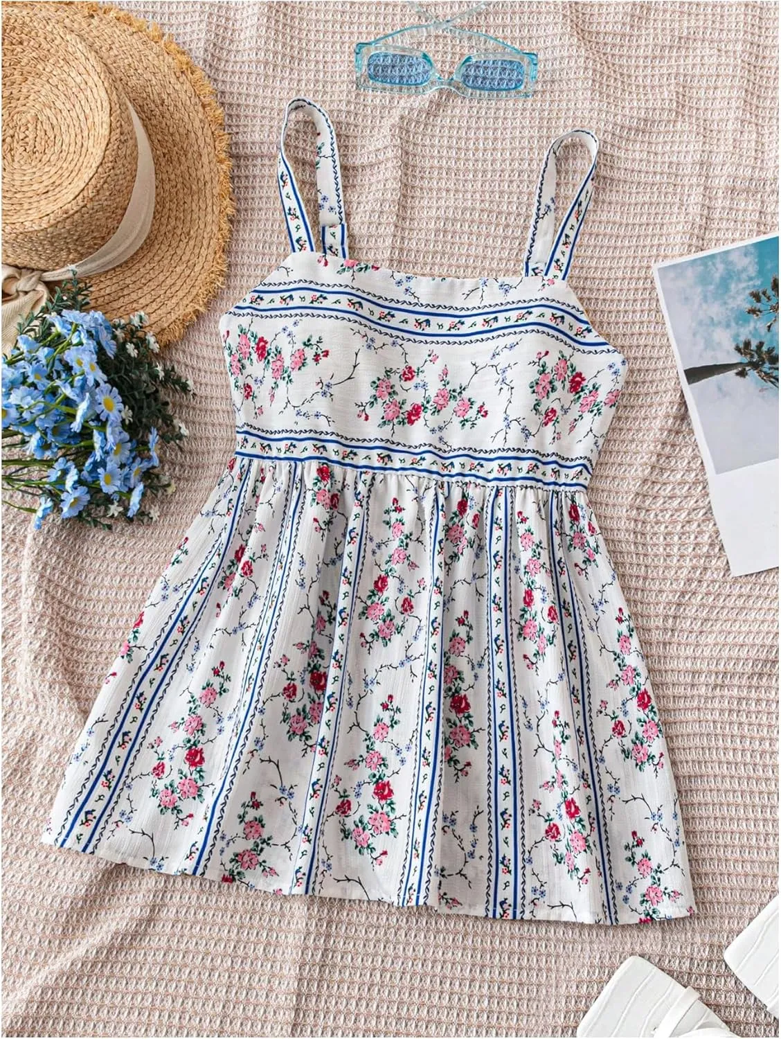 SHENHE Women's Floral Ruffle Babydoll Top Spaghetti Strap Square Neck Vintage Boho Tank Tops Vacation