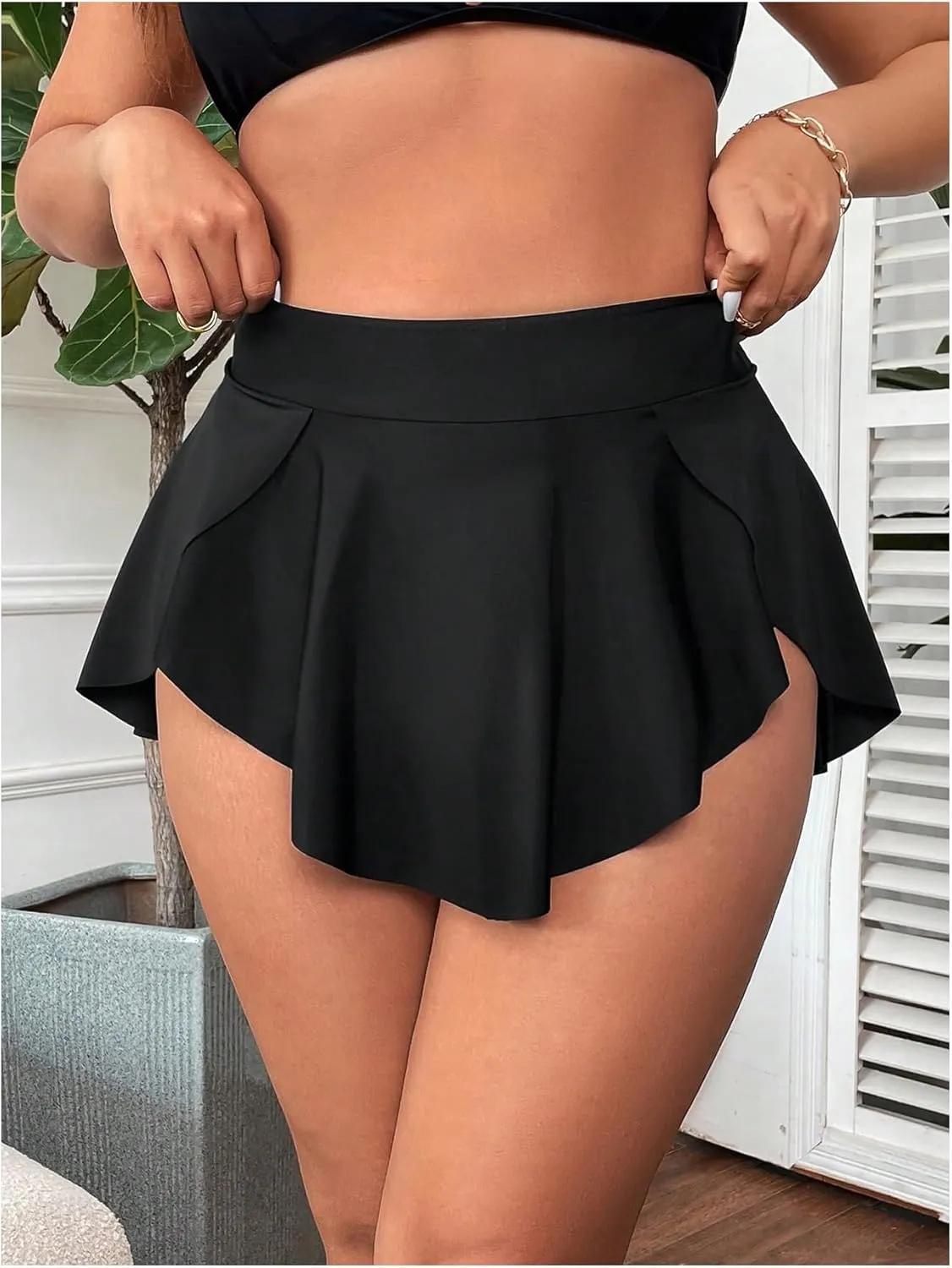SHENHE Women's Plus Size Ruffle Swim Skirt High Waisted Asymmetrical Hem Flowy Skirted Swimsuit Bottom