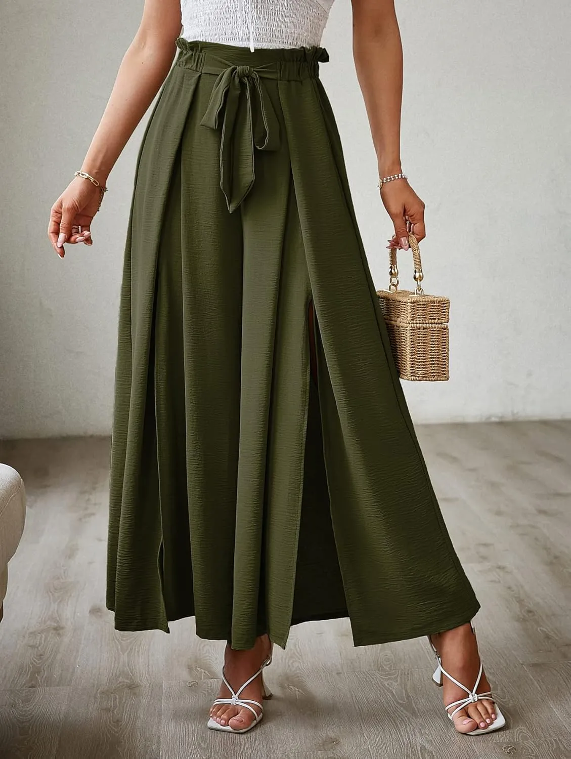 Simplee Women's Casual Split Wide Leg Pants High Waist Palazzo Flowy Beach Pants Summer Boho Lounge Pants with Pockets