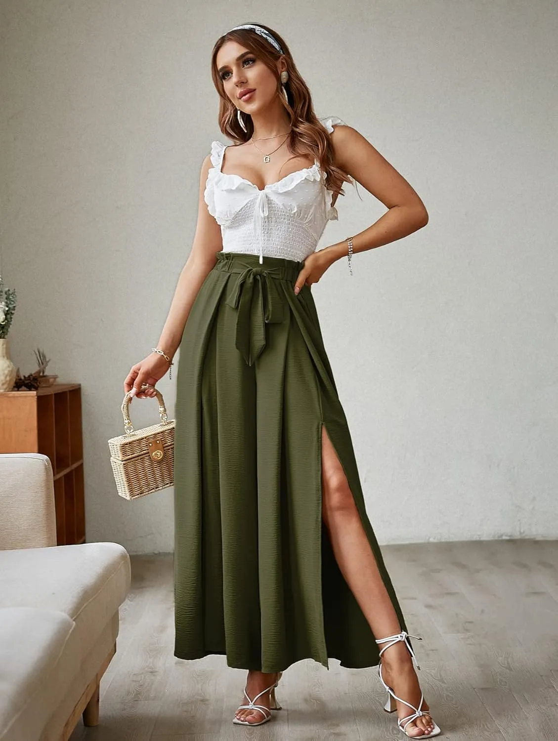 Simplee Women's Casual Split Wide Leg Pants High Waist Palazzo Flowy Beach Pants Summer Boho Lounge Pants with Pockets