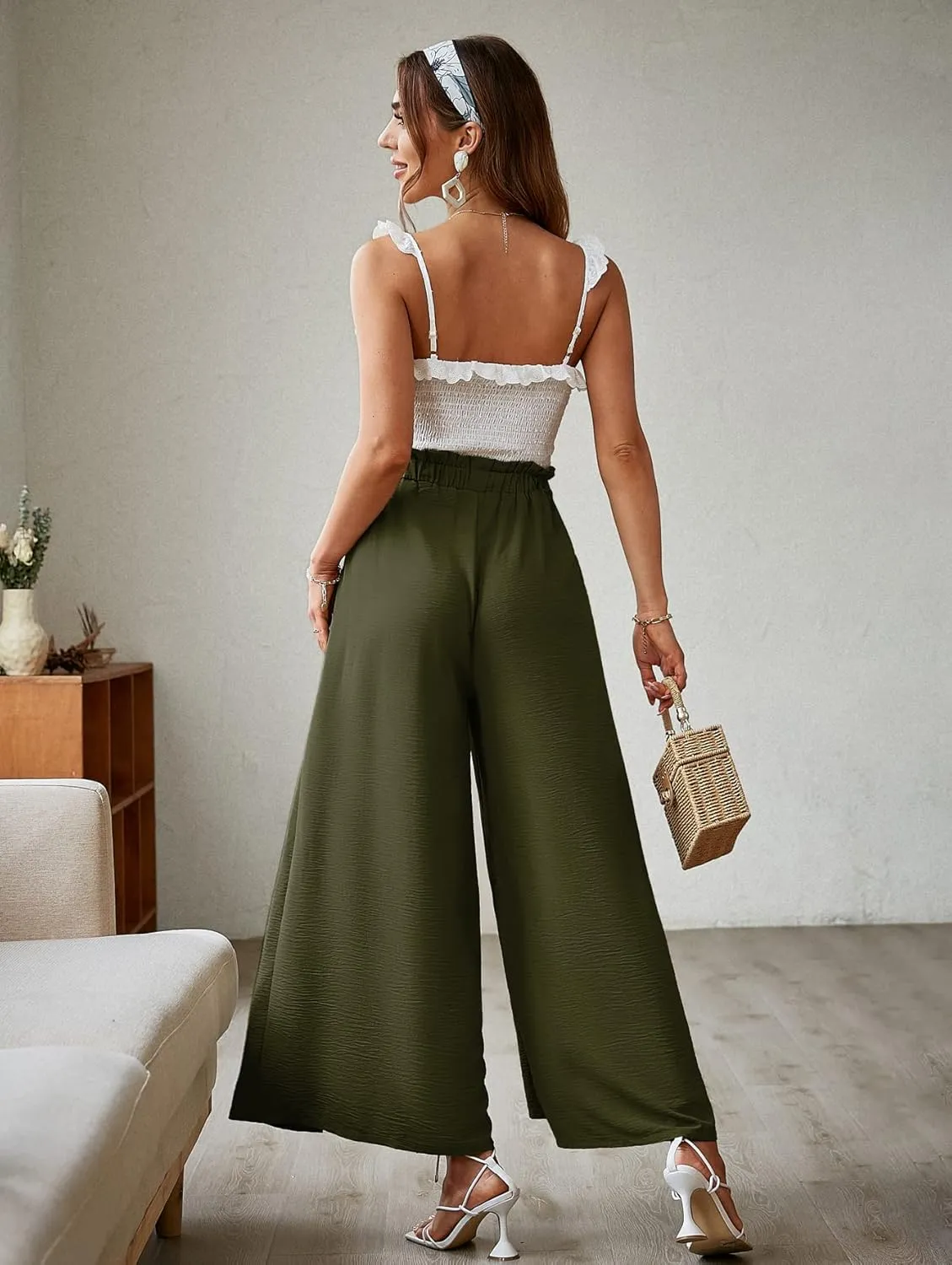 Simplee Women's Casual Split Wide Leg Pants High Waist Palazzo Flowy Beach Pants Summer Boho Lounge Pants with Pockets