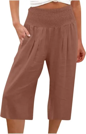 SMIDOW Capri Pants for Women Casual Summer Smocked Elastic High Waisted Linen Pant Solid Loose Wide Leg Capris Trousers