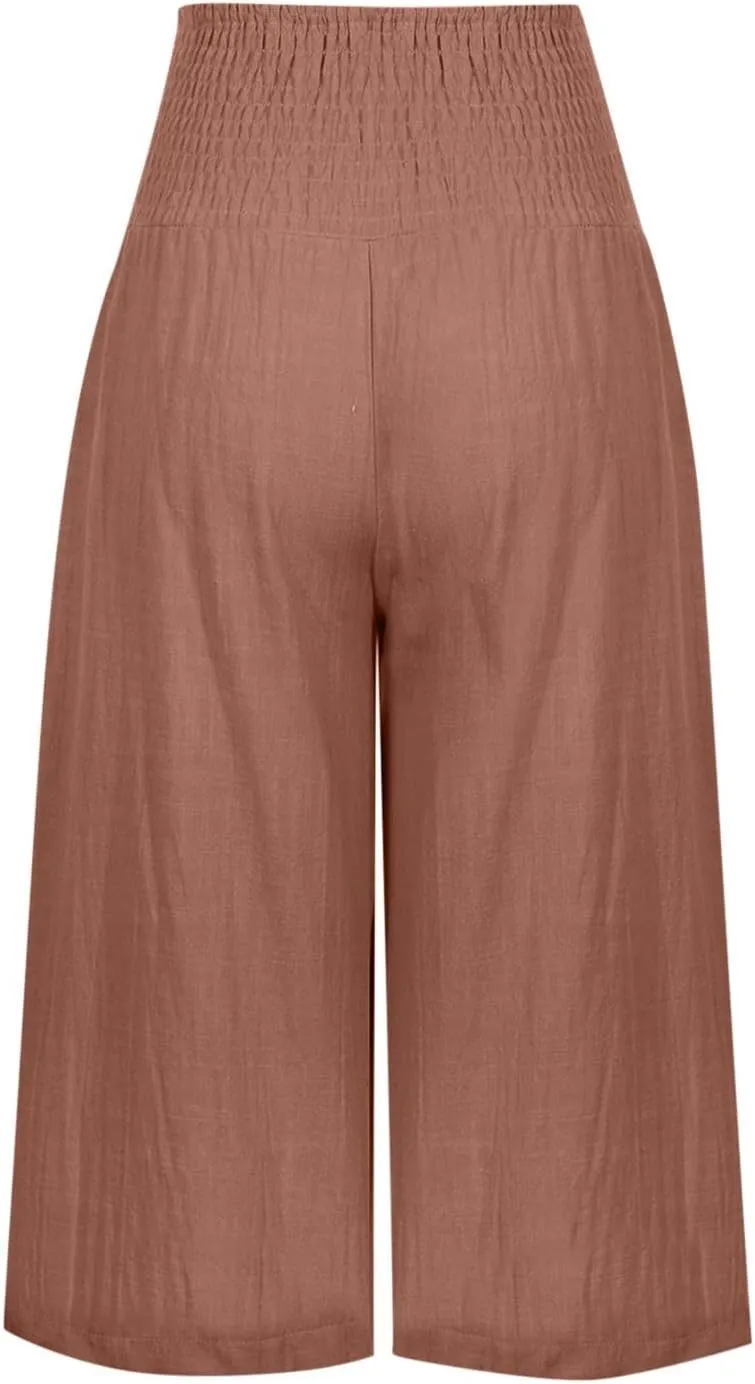 SMIDOW Capri Pants for Women Casual Summer Smocked Elastic High Waisted Linen Pant Solid Loose Wide Leg Capris Trousers