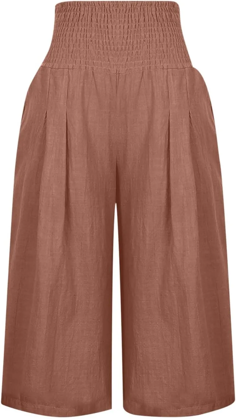 SMIDOW Capri Pants for Women Casual Summer Smocked Elastic High Waisted Linen Pant Solid Loose Wide Leg Capris Trousers