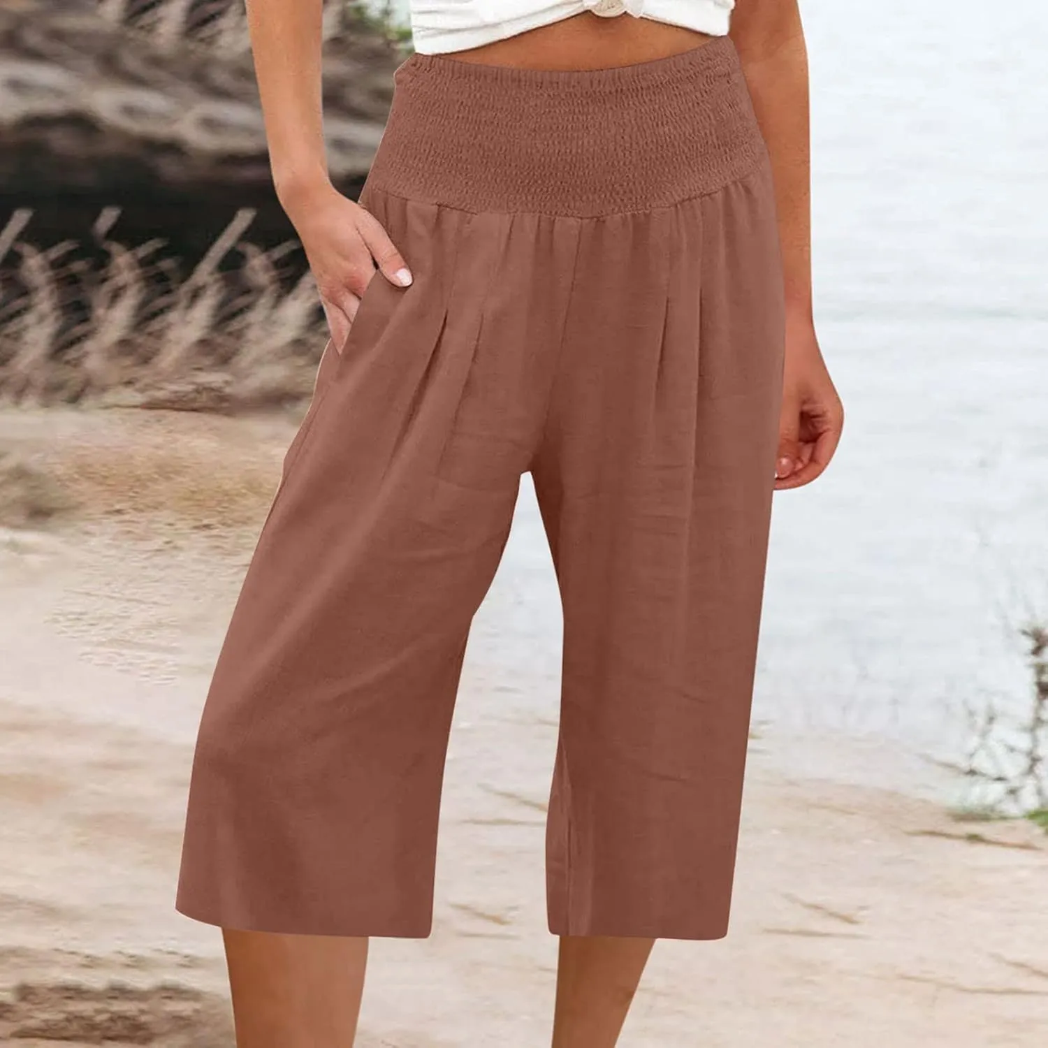 SMIDOW Capri Pants for Women Casual Summer Smocked Elastic High Waisted Linen Pant Solid Loose Wide Leg Capris Trousers