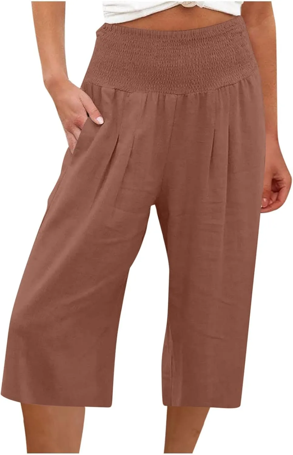 SMIDOW Capri Pants for Women Casual Summer Smocked Elastic High Waisted Linen Pant Solid Loose Wide Leg Capris Trousers