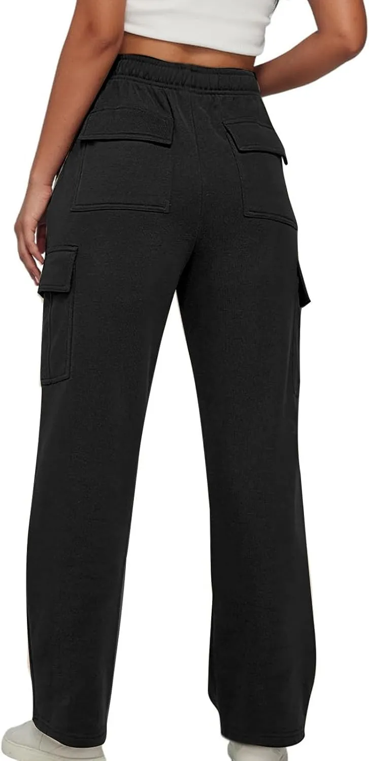 SMIDOW Cargo Pants for Women Baggy High Waist Straight Wide Leg Workout Running Jogger Pants Elastic Waist Lounge Trousers