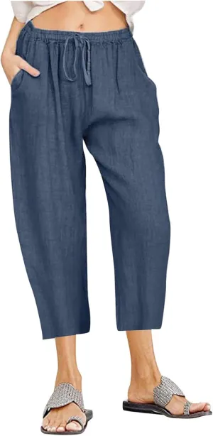 SMIDOW Cotton Linen Wide Leg Pants for Women Casual Summer Drawstring Elastic Waist Capris Loose Cropped Trouser with Pockets
