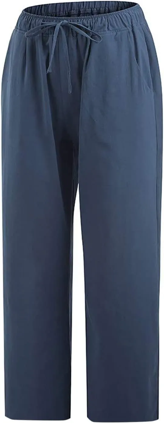 SMIDOW Cotton Linen Wide Leg Pants for Women Casual Summer Drawstring Elastic Waist Capris Loose Cropped Trouser with Pockets