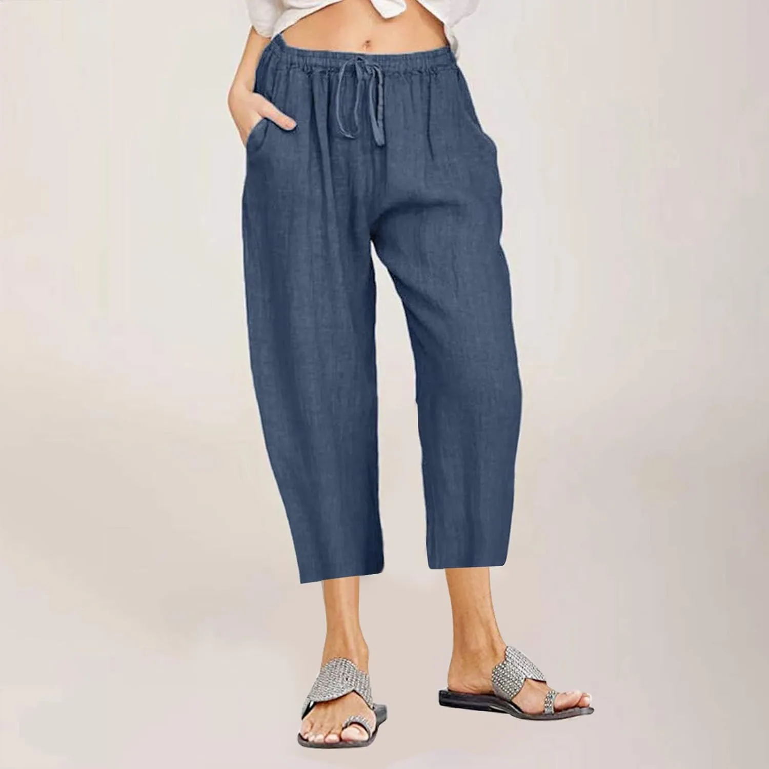 SMIDOW Cotton Linen Wide Leg Pants for Women Casual Summer Drawstring Elastic Waist Capris Loose Cropped Trouser with Pockets