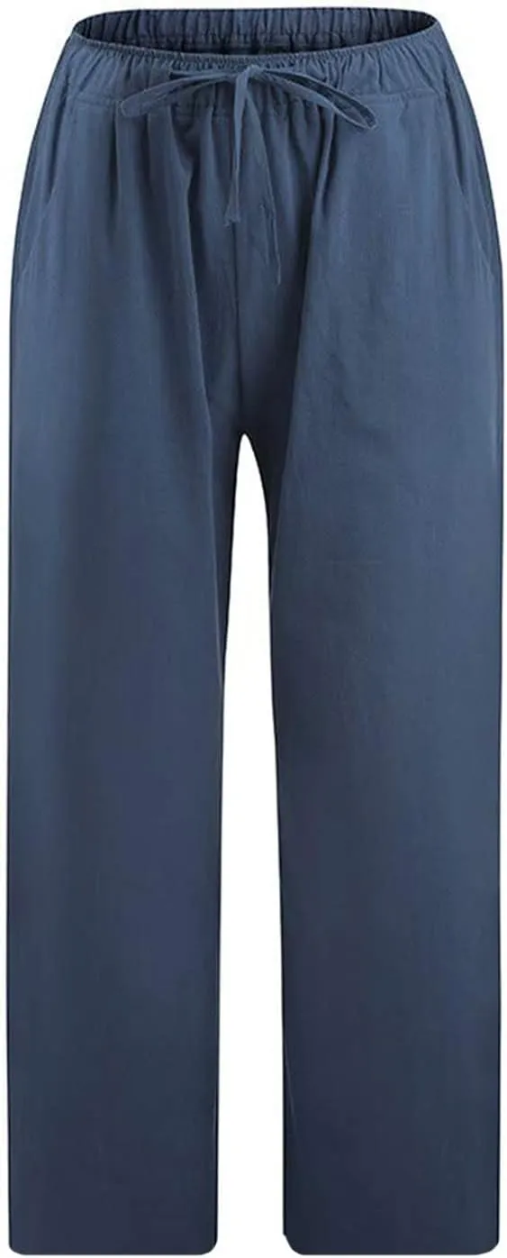 SMIDOW Cotton Linen Wide Leg Pants for Women Casual Summer Drawstring Elastic Waist Capris Loose Cropped Trouser with Pockets