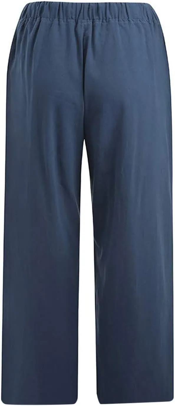 SMIDOW Cotton Linen Wide Leg Pants for Women Casual Summer Drawstring Elastic Waist Capris Loose Cropped Trouser with Pockets