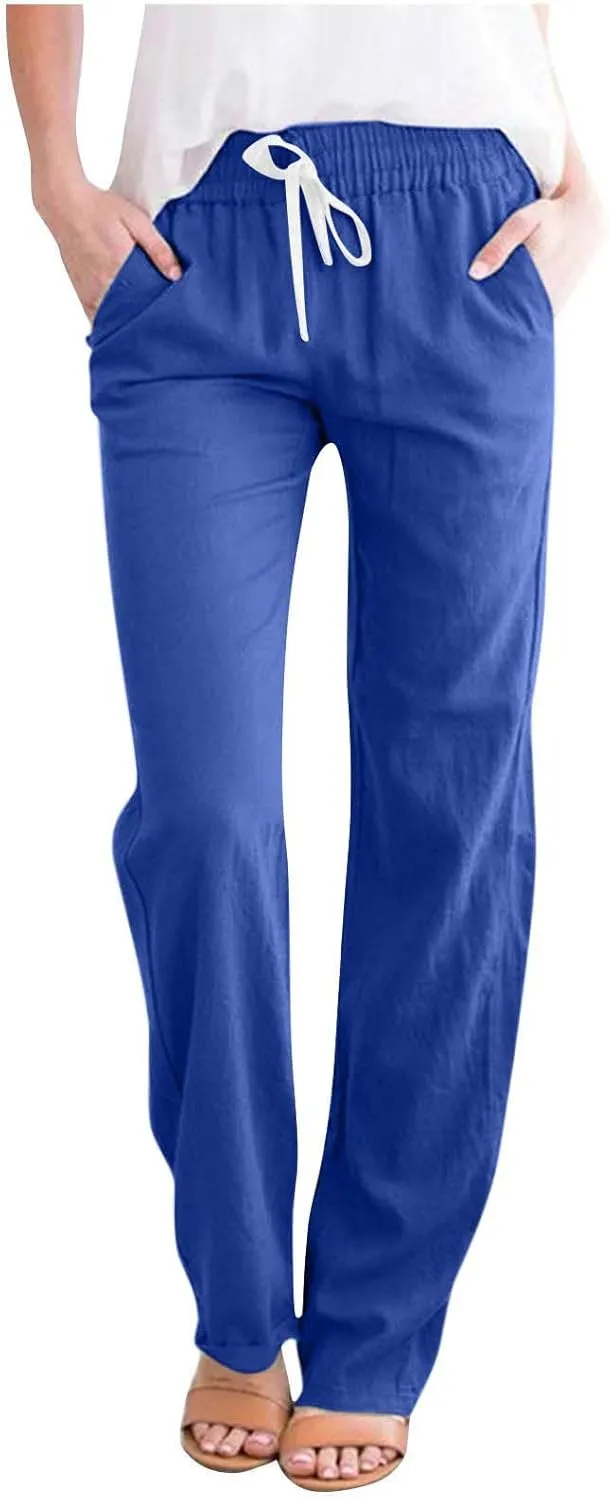 SMIDOW Womens Cotton Linen Pants Casual Drawstring Elastic High Waist Straight Leg Pants Loose Comfy Trousers with Pockets