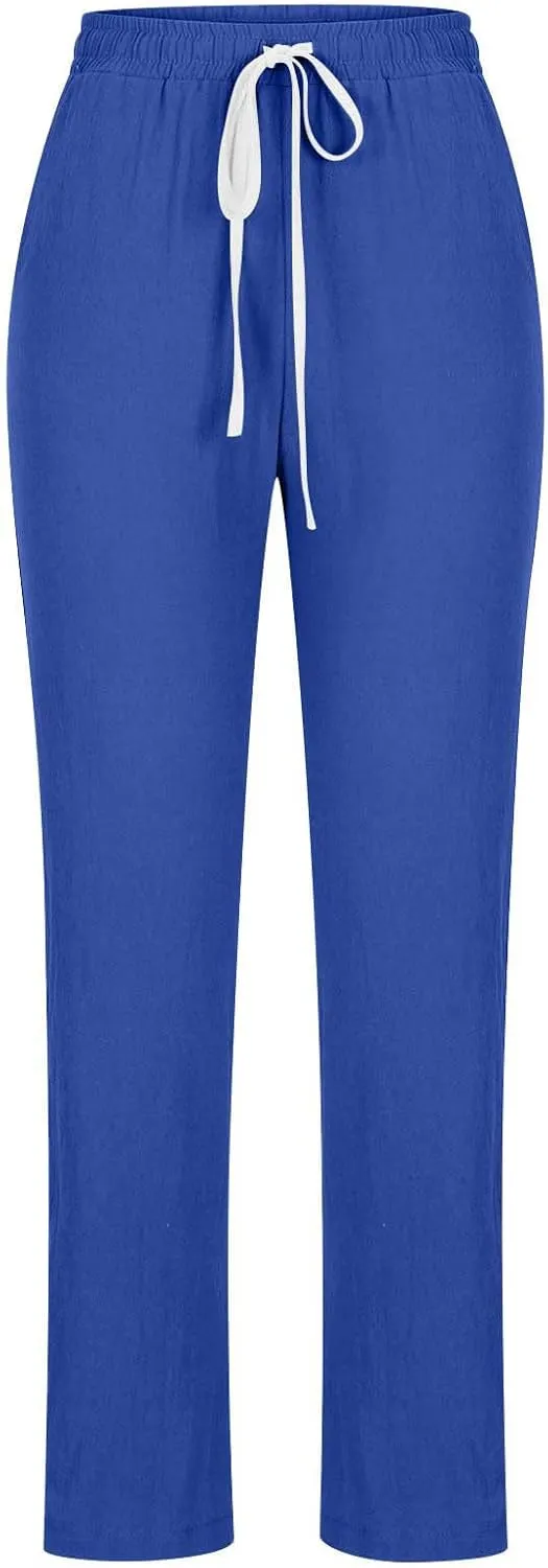 SMIDOW Womens Cotton Linen Pants Casual Drawstring Elastic High Waist Straight Leg Pants Loose Comfy Trousers with Pockets