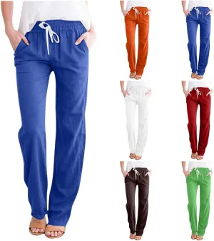 SMIDOW Womens Cotton Linen Pants Casual Drawstring Elastic High Waist Straight Leg Pants Loose Comfy Trousers with Pockets