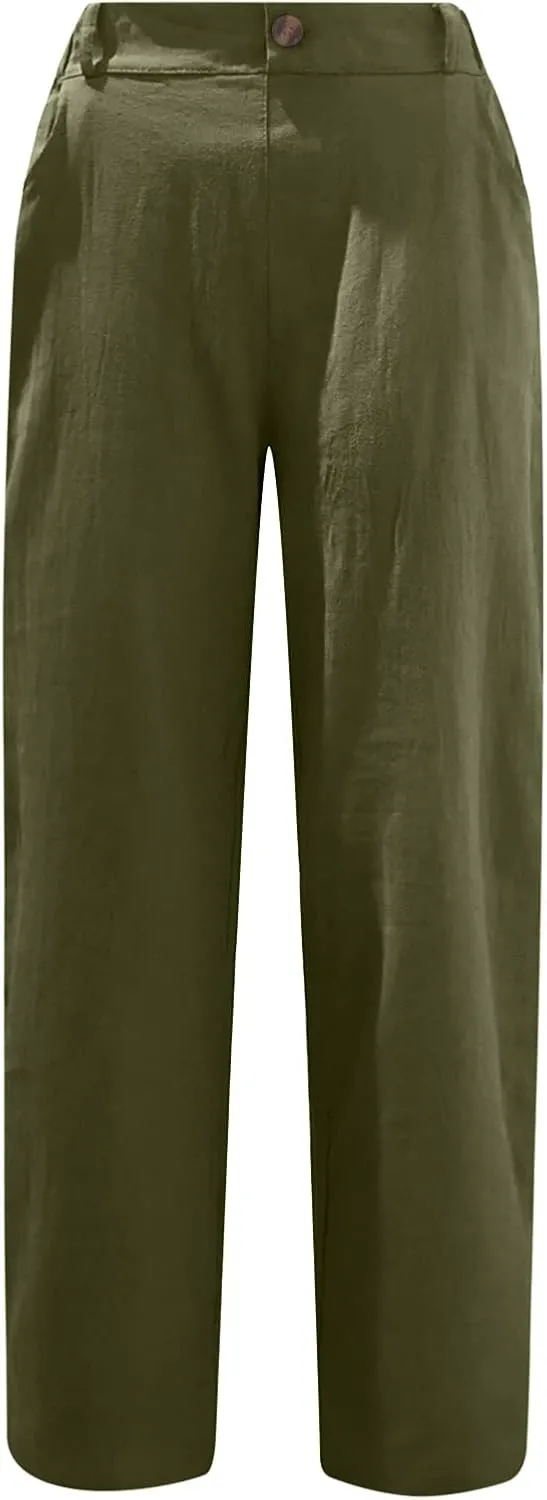 SMIDOW Womens Linen Button Cropped Pants Elastic High Waist Casual Loose Comfy Straight Leg Capris Lounge Trouser Dressy