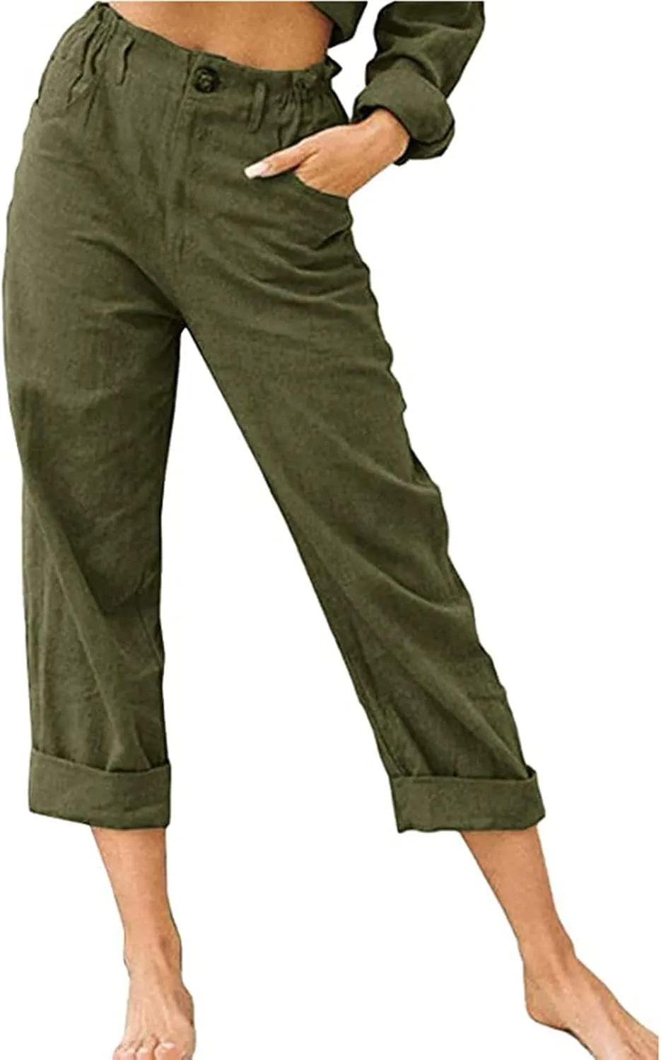 SMIDOW Womens Linen Button Cropped Pants Elastic High Waist Casual Loose Comfy Straight Leg Capris Lounge Trouser Dressy