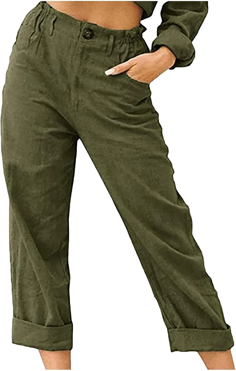 SMIDOW Womens Linen Button Cropped Pants Elastic High Waist Casual Loose Comfy Straight Leg Capris Lounge Trouser Dressy