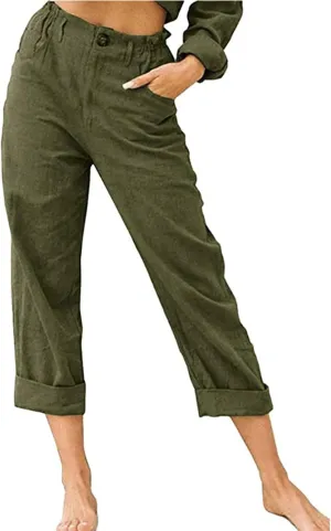 SMIDOW Womens Linen Button Cropped Pants Elastic High Waist Casual Loose Comfy Straight Leg Capris Lounge Trouser Dressy