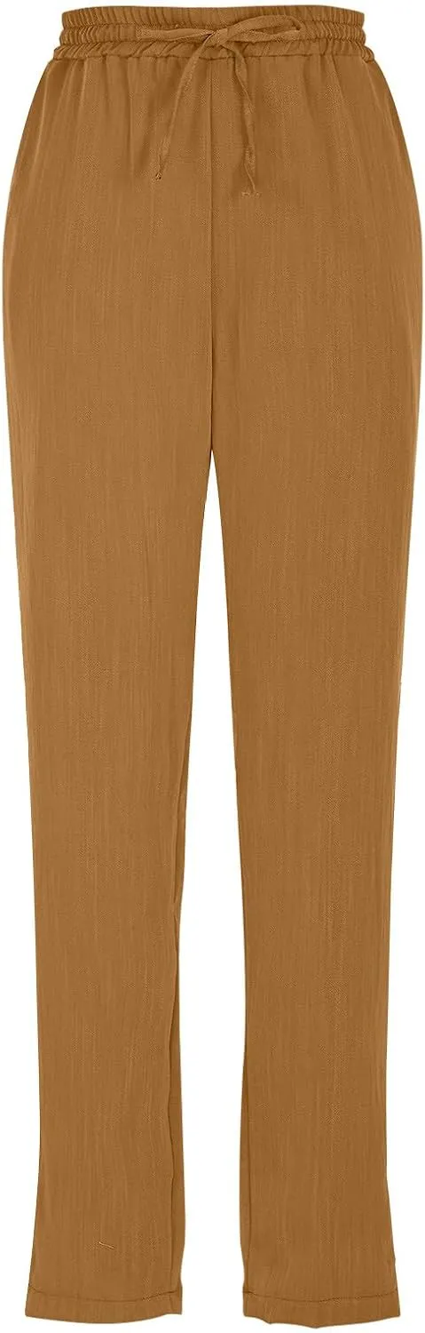 Solid Pants for Women Cotton Drawstring Elastic High Waist Pant Summer Work Vacation Trousers with Pockets