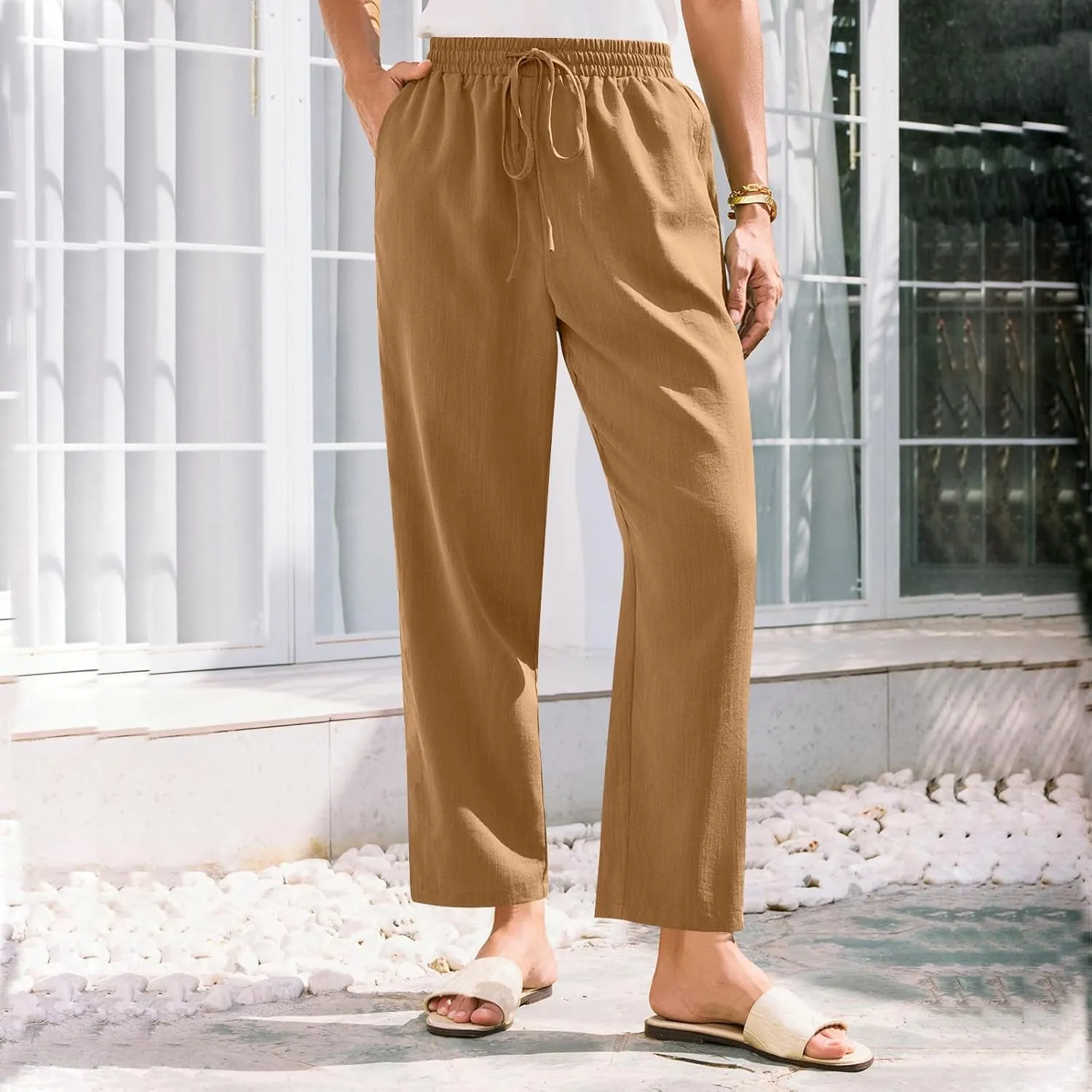 Solid Pants for Women Cotton Drawstring Elastic High Waist Pant Summer Work Vacation Trousers with Pockets