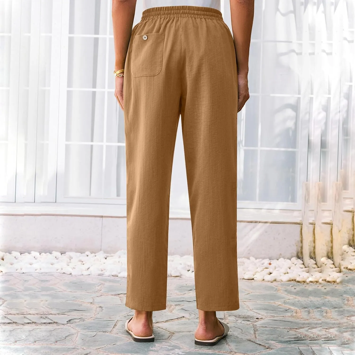 Solid Pants for Women Cotton Drawstring Elastic High Waist Pant Summer Work Vacation Trousers with Pockets