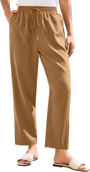 Solid Pants for Women Cotton Drawstring Elastic High Waist Pant Summer Work Vacation Trousers with Pockets