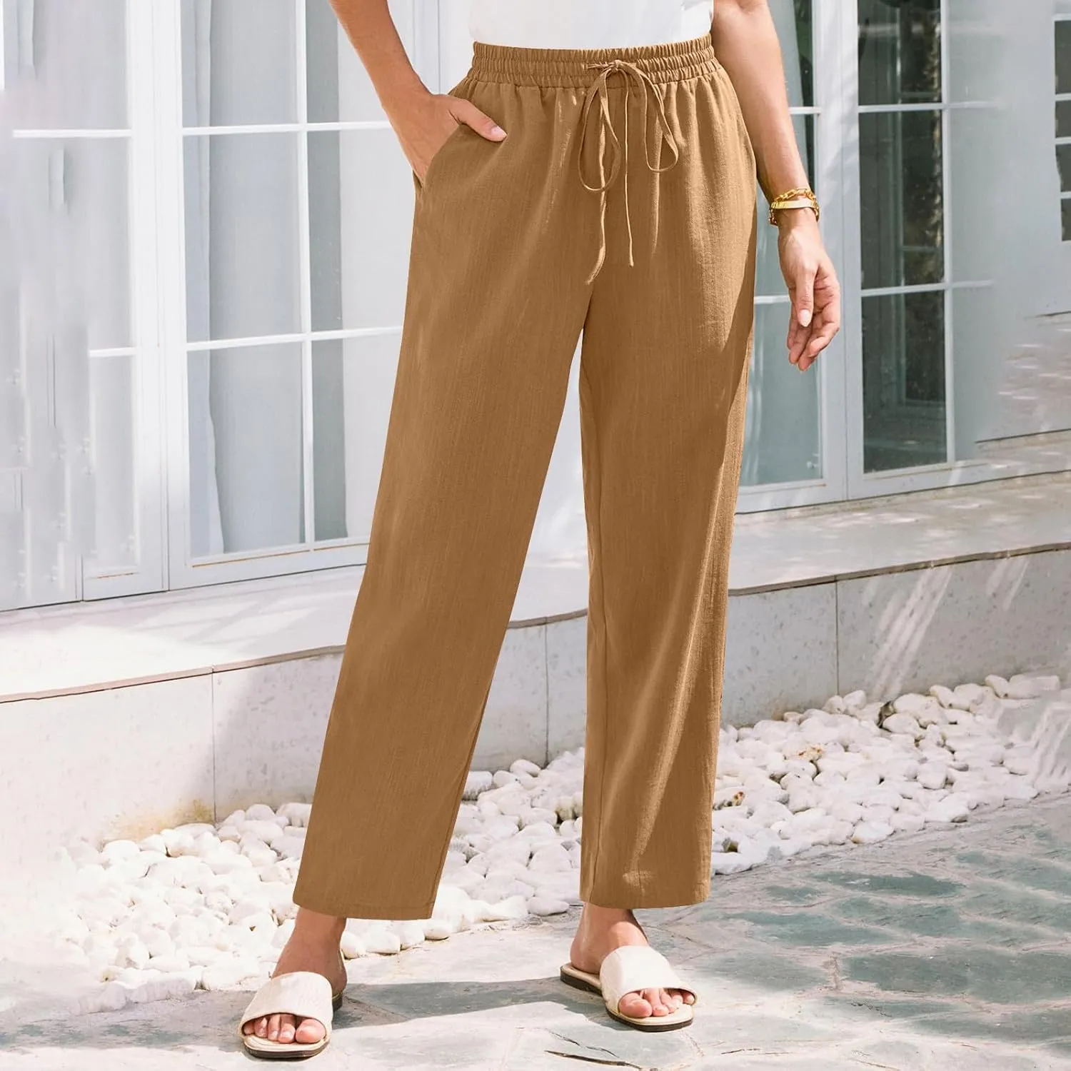 Solid Pants for Women Cotton Drawstring Elastic High Waist Pant Summer Work Vacation Trousers with Pockets