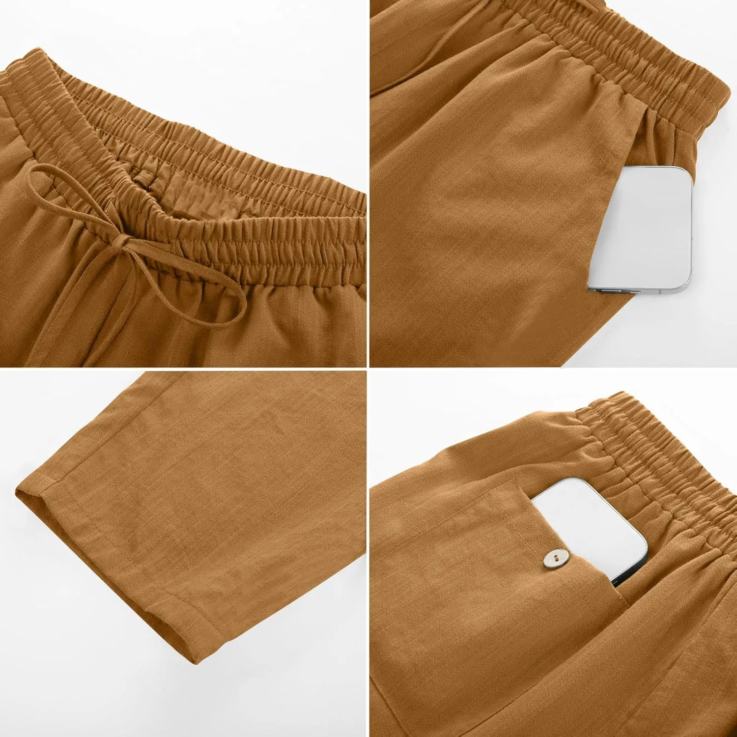 Solid Pants for Women Cotton Drawstring Elastic High Waist Pant Summer Work Vacation Trousers with Pockets