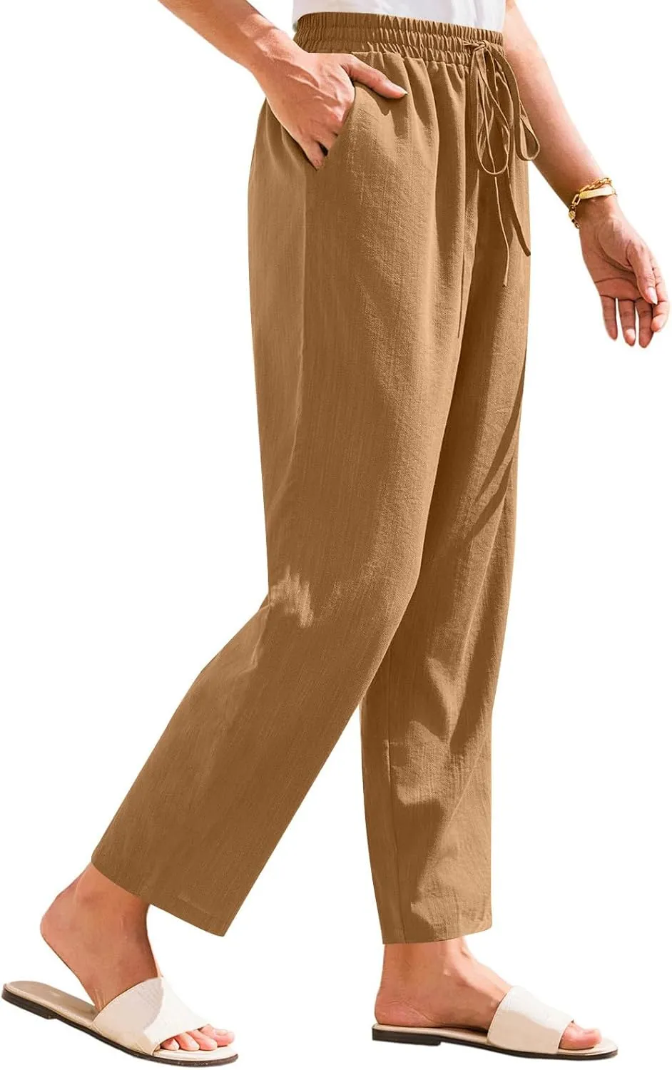 Solid Pants for Women Cotton Drawstring Elastic High Waist Pant Summer Work Vacation Trousers with Pockets