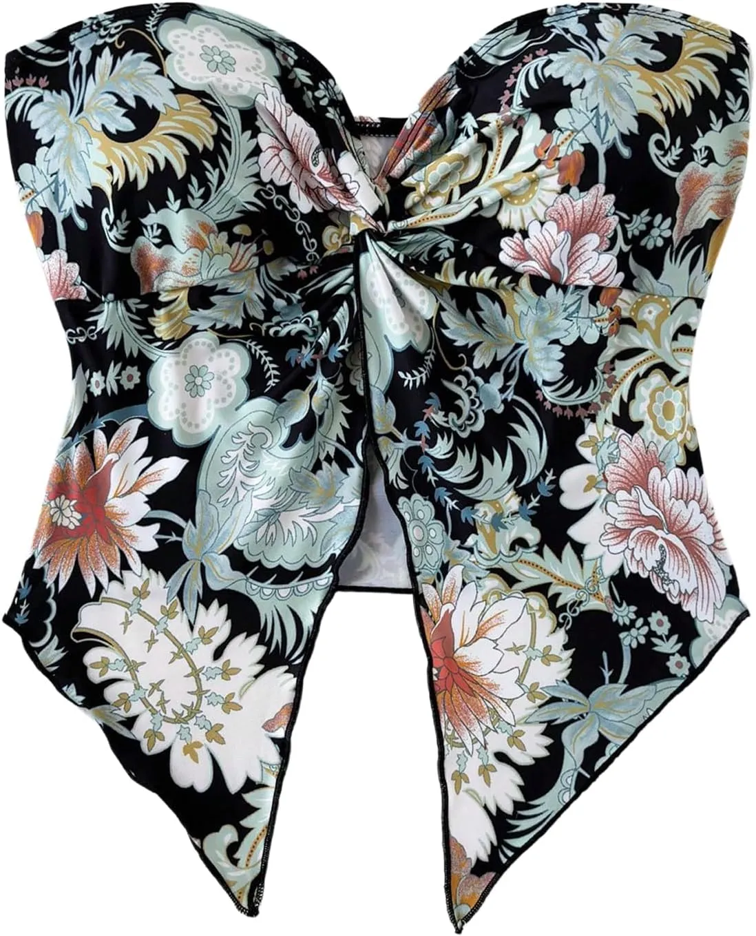 SOLY HUX Women's Floral Print Tube Top Twist Split Strapless Sleeveless Asymmetrical Hem Summer Vacation Crop Tops