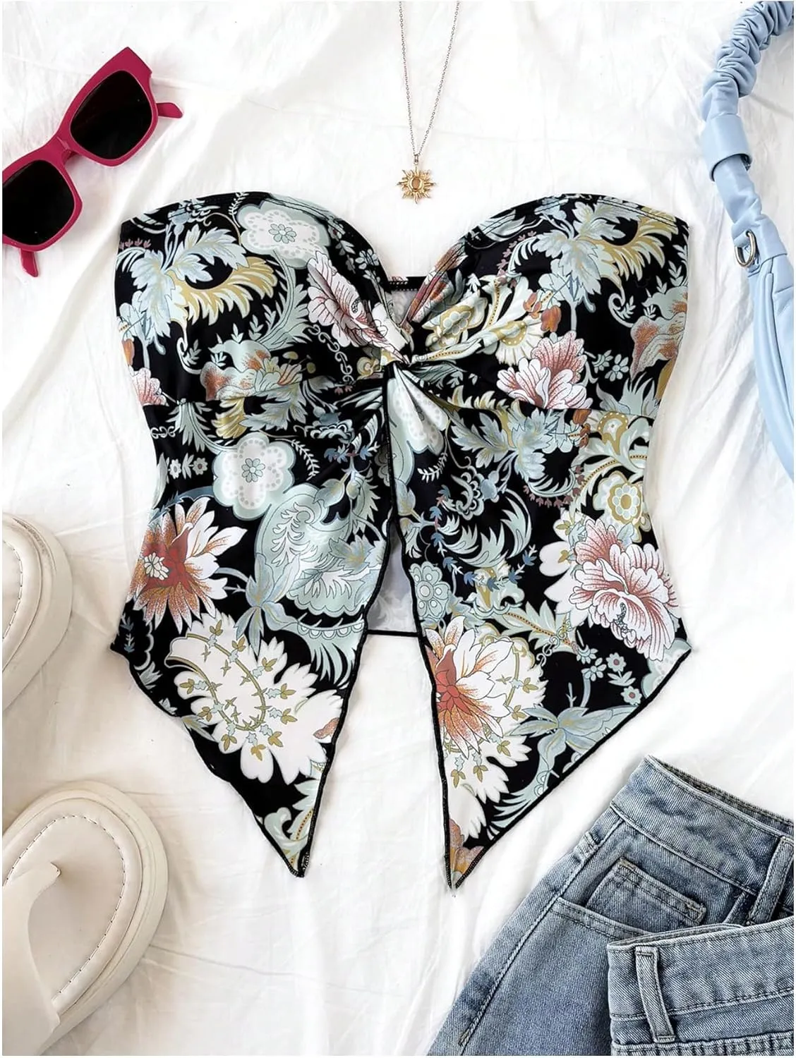 SOLY HUX Women's Floral Print Tube Top Twist Split Strapless Sleeveless Asymmetrical Hem Summer Vacation Crop Tops