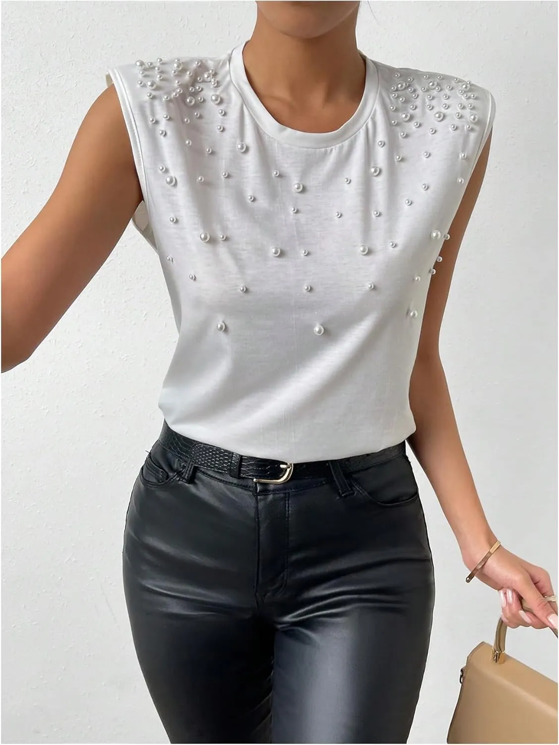 SOLY HUX Women's Pearl Cap Sleeve Crew Neck Tank Top Dressy Casual Summer Tops