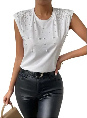 SOLY HUX Women's Pearl Cap Sleeve Crew Neck Tank Top Dressy Casual Summer Tops