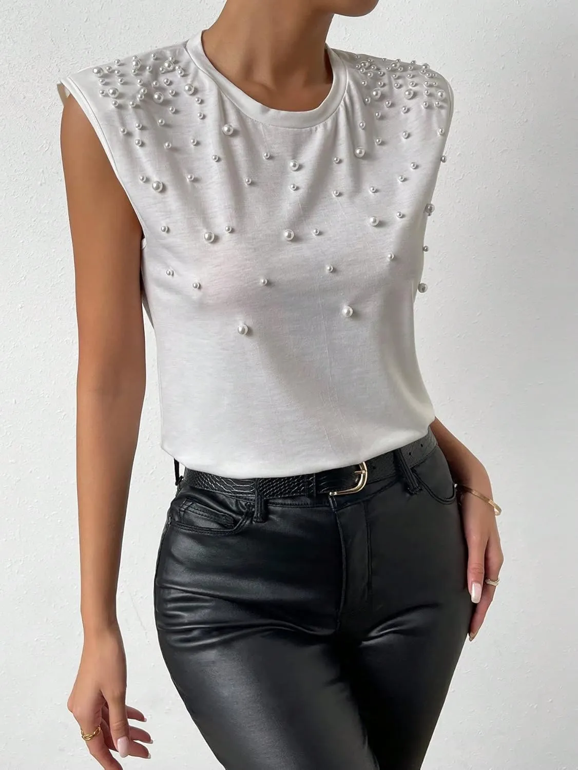 SOLY HUX Women's Pearl Cap Sleeve Crew Neck Tank Top Dressy Casual Summer Tops